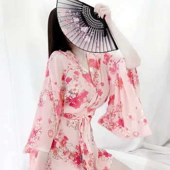 2022 НОВОЕ Розовое Сексуальное Японское Стильное Традиционное Кимоно Для Женщин, Японская Пижама С Цветочным Принтом, Шифоновое Нижнее Белье, Летняя Пижама