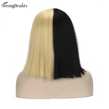 Парик для косплея StrongBeauty средней длины, прямой, наполовину черный, наполовину блондинистый Боб, синтетические полные парики