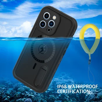 Чехол для Подводного Плавания для iPhone 13 12 Pro Max с Полной Защитой 360 Градусов Магнитный Водонепроницаемый Чехол для Дайвинга IP68 с Подставкой-Держателем
