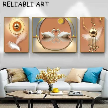 Оранжевый плакат с изображением Лебедя из перьев света и тени, 3 панели, Настенная живопись на холсте для домашнего декора гостиной, без рамки