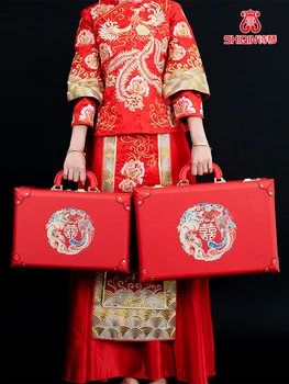 Свадебный Красный чемодан Кожаный Чехол Коробка для приданого невесты Приданое для помолвки Подарочная коробка Xiuhe Cash Цветная подарочная коробка Денежный чемодан