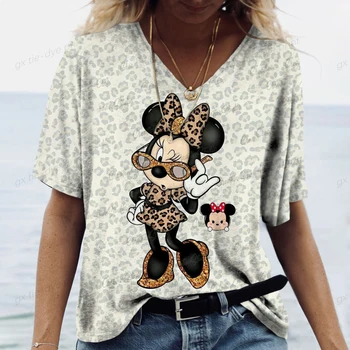 Женский Пуловер с принтом Микки Мауса Disney, Топы с V-образным вырезом, Элегантная Футболка, Модная Повседневная Женская Свободная футболка С длинным рукавом
