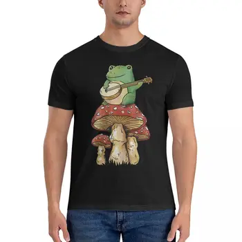 Мужская футболка Лягушка на грибе С гитарой, забавная футболка из чистого хлопка, футболка с лягушкой с коротким рукавом, топы с круглым вырезом, уникальные