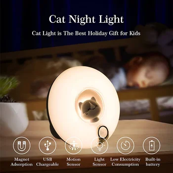 Рождественский ночник с котом, датчик движения, светодиодная лампа с регулируемой яркостью, магнитные USB-ночники для шкафа, перезаряжаемые,