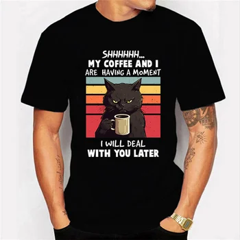 У нас с Кофе есть момент, Графическая футболка, Забавная футболка с Черным котом, Модная футболка Harajuku, Мужская Брендовая футболка Оверсайз