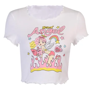 Fanco Summer Female 2020, Новый топ с принтом Ангела для девочек, женская модная повседневная Белая футболка с открытым пупком от грибка