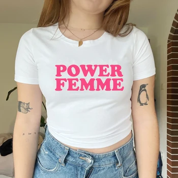 Power Femme Женская Футболка Kawaii Укороченный Топ Feminist Woman Rights Girl Power Graphic Tee 2000-х Гранжевая Одежда Дропшиппинги