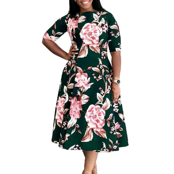 2024 Африканские Платья для Женщин, Элегантное Африканское Платье с Коротким Рукавом из Полиэстера С Круглым Вырезом И Принтом, Вечернее Платье в Африканском Стиле Дашики
