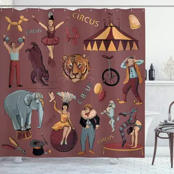 Винтажный Ретро Цирковой принт с палаткой, головой Тигра, воздушными шарами, Собаками, Художественная ткань для декора ванной комнаты