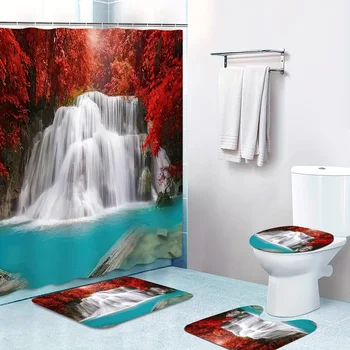 Новый натуральный водопад, красный кленовый лист, комплект отделки ванной комнаты Включает занавеску для душа, нескользящий ковер, крышку сиденья для унитаза, U-образный коврик, 4 шт.