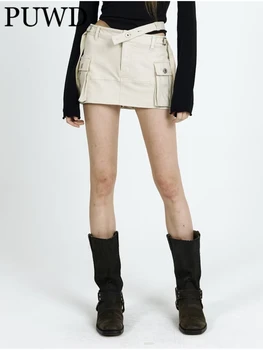 PUWD Повседневные женские бежевые мини-юбки-карго 2023, летние модные женские винтажные юбки с высокой талией и боковыми карманами, шикарные женские плавки