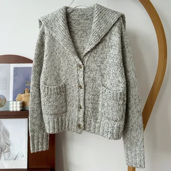 Модный кардиган с большим отворотом, женский зимний теплый вязаный свитер из утолщенной смеси шерсти, шикарные однобортные топы с V-образным вырезом и мягким комфортом