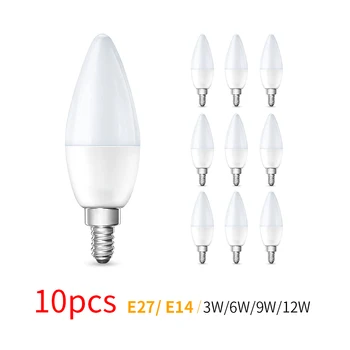10шт Светодиодная лампа E27 E14 220V Свеча Энергосберегающая лампа 3 ВТ 6 Вт 9 Вт 12 Вт Светодиодная люстра Прожектор Led для украшения дома