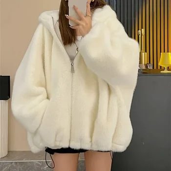 Новая женская куртка из овечьего флиса с капюшоном, осень-зима, теплая плюшевая верхняя одежда на молнии, женское свободное утепленное пальто в стиле харадзюку, женское
