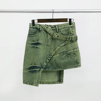 Женская индивидуальная джинсовая юбка с двойной талией, Зеленая джинсовая юбка трапециевидной формы, Асимметричные короткие юбки для горячих девушек, Корейская модная Женская одежда