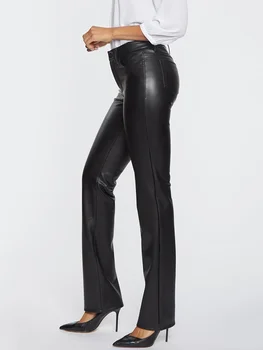Винтажные прямые брюки из искусственной кожи, женские облегающие брюки-стрейч, Офисные женские Кожаные брюки с высокой талией, карман для поездок на работу, Новые Пользовательские