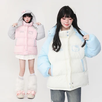 Sanrio Hello Kittyed Мягкая свободная симпатичная хлопковая куртка Sweet Girl, зимнее теплое пальто средней длины с утолщенным капюшоном, одежда для пекарни
