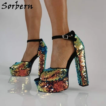 Sorbern, босоножки на высоком массивном каблуке с блестками, ремешок на щиколотке 15 см, Видимая обувь на платформе на заказ