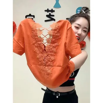 Новое поступление, Летняя женская футболка в корейском стиле, свободная повседневная футболка с V-образным вырезом и коротким рукавом, кружевная хлопковая футболка с вырезами в стиле пэчворк, P105