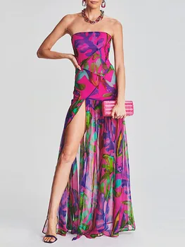 Женское элегантное макси-платье без бретелек с красящим принтом, Сетчатое платье в стиле пэчворк с высоким разрезом, длинное макси-платье для коктейльной вечеринки
