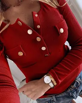 Топ в рубчик с длинными рукавами и карманами на пуговицах с новой модой 2023, бестселлер женской летней одежды