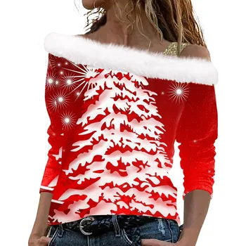 Сексуальная женская футболка, красные рубашки с принтом Рождественской елки Для женщин, Элегантный свободный пуловер с длинным рукавом, футболки с открытыми плечами, топы