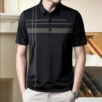 Полосатая рубашка с лацканами, дышащая быстросохнущая мужская летняя рубашка с отложным воротником, дизайн из ледяного шелка в полоску для мягкого комфорта средней длины
