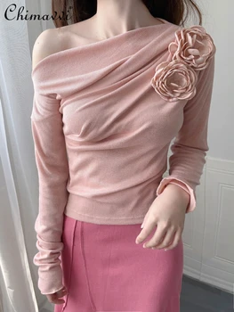 Однотонный Женский Пуловер С длинным рукавом, Топ 2023, Осенняя Милая Стильная блузка С Розовым цветком, Облегающая Блузка С открытыми плечами