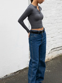Женские футболки Henley с длинным рукавом, облегающие осенние топы с V-образным вырезом в рубчик на пуговицах, туника-блузка Y2k Going Out