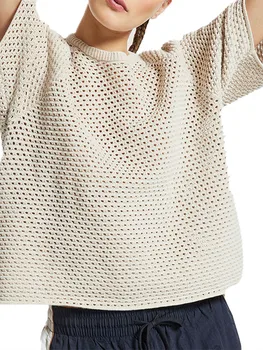 Стильный летний свитер, женский вязаный топ с коротким рукавом, полый дизайн, круглый вырез и однотонный цвет - идеально подходит для