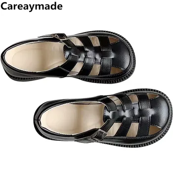 Careaymade-Новые летние маленькие кожаные туфли с вырезами, художественные дышащие туфли на плоской подошве с круглым носком в виде клетки для свиней, женские сандалии в стиле ретро