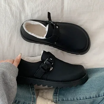 Повседневная теплая черная теплая хлопчатобумажная обувь на толстой подошве, женская зима 2023, новая женская обувь в стиле ретро с бархатной подкладкой, женская обувь