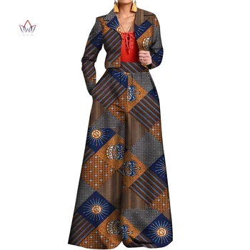 Африканская традиционная одежда для женщин, комплект из 2 предметов, Африканская одежда Дашики, Наряд с длинными рукавами и отложным воротником, Комплекты с длинными штанами WY648