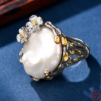 Кольца из натурального стерлингового серебра S925 для женщин, новая мода, Пресноводный жемчуг в стиле барокко, Индивидуальность, Винтажные цветы, подарочные украшения