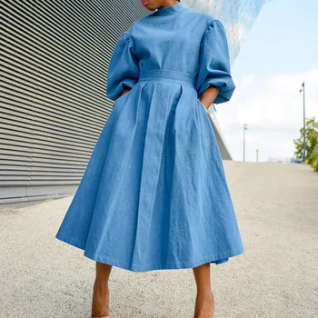 Осенние женские синие Миди с высокой талией и пышными рукавами размера плюс OL 2024, Рабочие платья Vestido 3XS-10XL