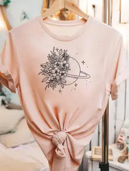 Space Flower, милая повседневная женская модная футболка с коротким рукавом, Футболки с графическим рисунком, женские футболки с принтом.