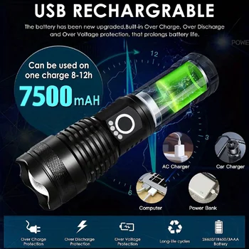 Ручной фонарик из алюминиевого сплава для наружного использования, Сверхяркий, USB-зарядка, Высокая мощность, Телескопический Зум, Сильный свет, 200000 Люмен