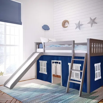 Низкая кровать-чердак, каркас для двухспальной кровати для детей с горкой и занавесками для низа, Серая / синяя детская мебель