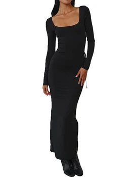Женское облегающее платье Y2k с завязками на спине, сексуальное тонкое вечернее платье с квадратным вырезом и длинным рукавом, Длинное платье с открытой спиной, уличная одежда