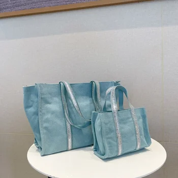 2023 Японские новые повседневные сумки со стразами, холщовые сумки большой емкости для женщин, дизайнерская роскошная однотонная сумка через плечо