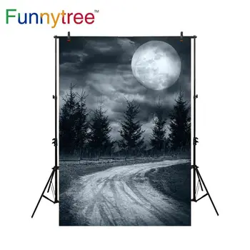 Забавный фон из дерева для фотостудии Halloween night view big moon forest path background photobooth photocall printed