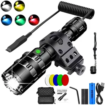 Светодиодный тактический охотничий фонарик высокой яркости L2 Night Scout Lights, USB перезаряжаемый водонепроницаемый фонарь, наружное освещение с ружейной установкой