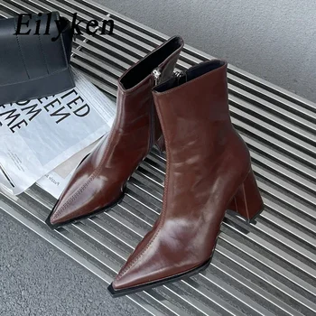 Eilyken/ Ботильоны нового дизайна с острым носком, женские туфли на квадратном каблуке, тонкие туфли на молнии, Модная современная короткая женская обувь