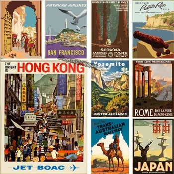 Винтажные плакаты о путешествиях по городу Гонконг Япония Индия Рим Италия Пейзаж Настенное искусство Холст Картина Картина Украшение комнаты Фреска