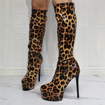 Пикантные женские Леопардовые сапоги до колена на высоком каблуке-шпильке, платформа с круглым носком, Боковая молния, женские Вечерние Длинные сапоги