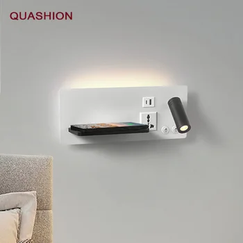 Прикроватный настенный светильник с USB-портом, Беспроводная типовая зарядка, Поворотный светодиодный выключатель для чтения в спальне, бра для кабинета, настенный светильник в помещении.